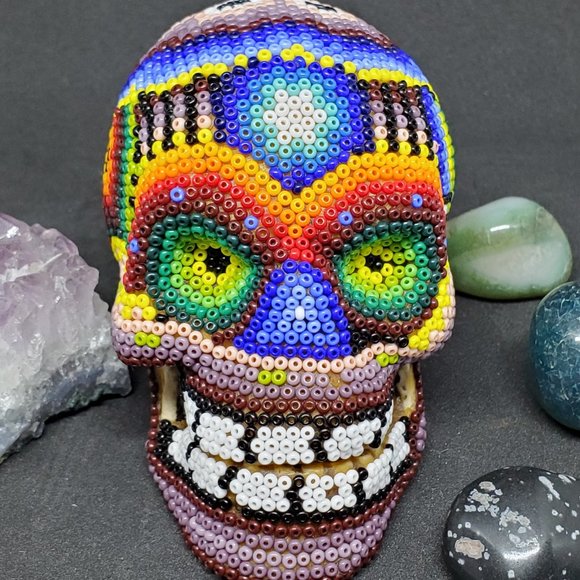 Huichol Beaded Skull on carved fish bone ~ Handcrafted by indigenous artist - Picture 11 of 11